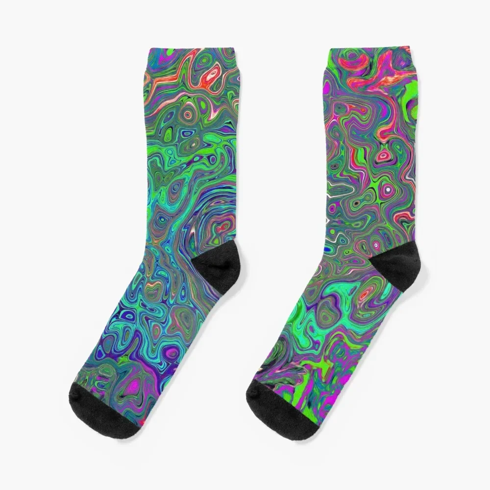 

Trippy Chartreuse and Blue Retro Liquid Swirl Socks man warm winter Socks For Women Men's