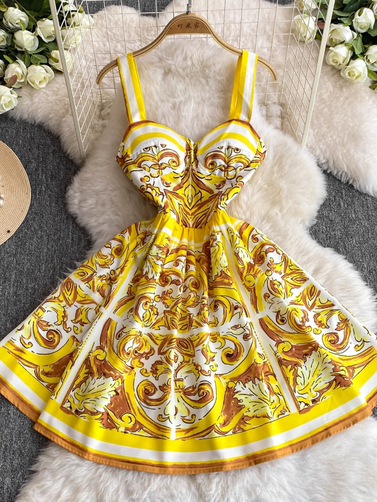 Brand Runway Summer Holiday Golden Yellow Whtie Porcelain Flower Print Short Dress Women Sleeveless Sundress Party Vestidos