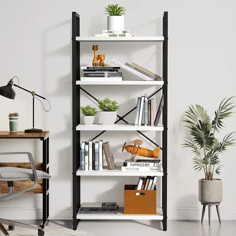 5-Tier Bookshelf Sturdy Wood Storage Bookcase Shelves with Metal Frame Plant Display for Living Room Office, White