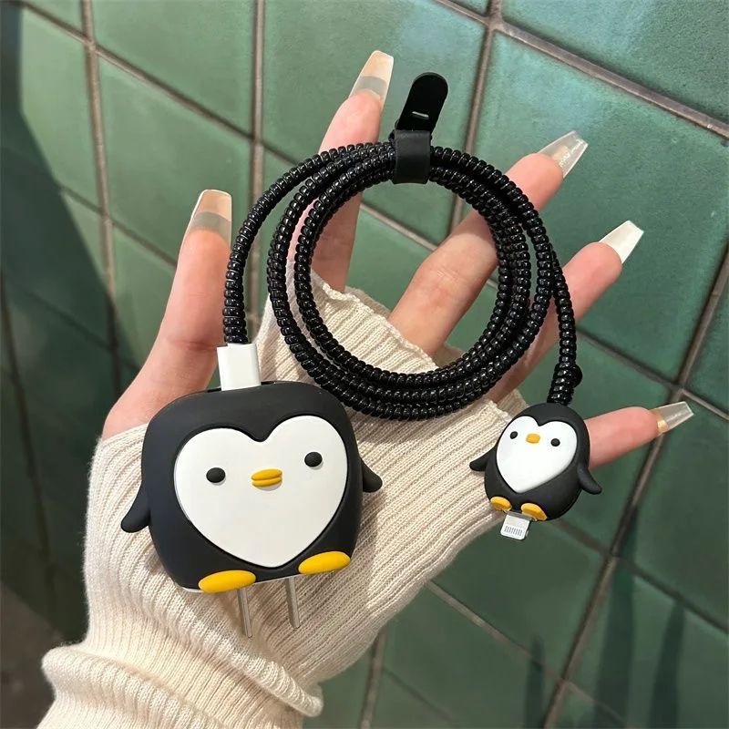 Cute Cartoon Penguin Charging Data Cable Protector Case For iPhone 18W 20W Charger Protection Cover Management Cord Winder Kit