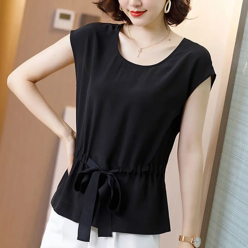 

Elegant Solid Color Shirring Bandage Bow Blouse Women's Clothing 2023 Summer New Oversized Casual Pullovers Korean Chiffon Shirt