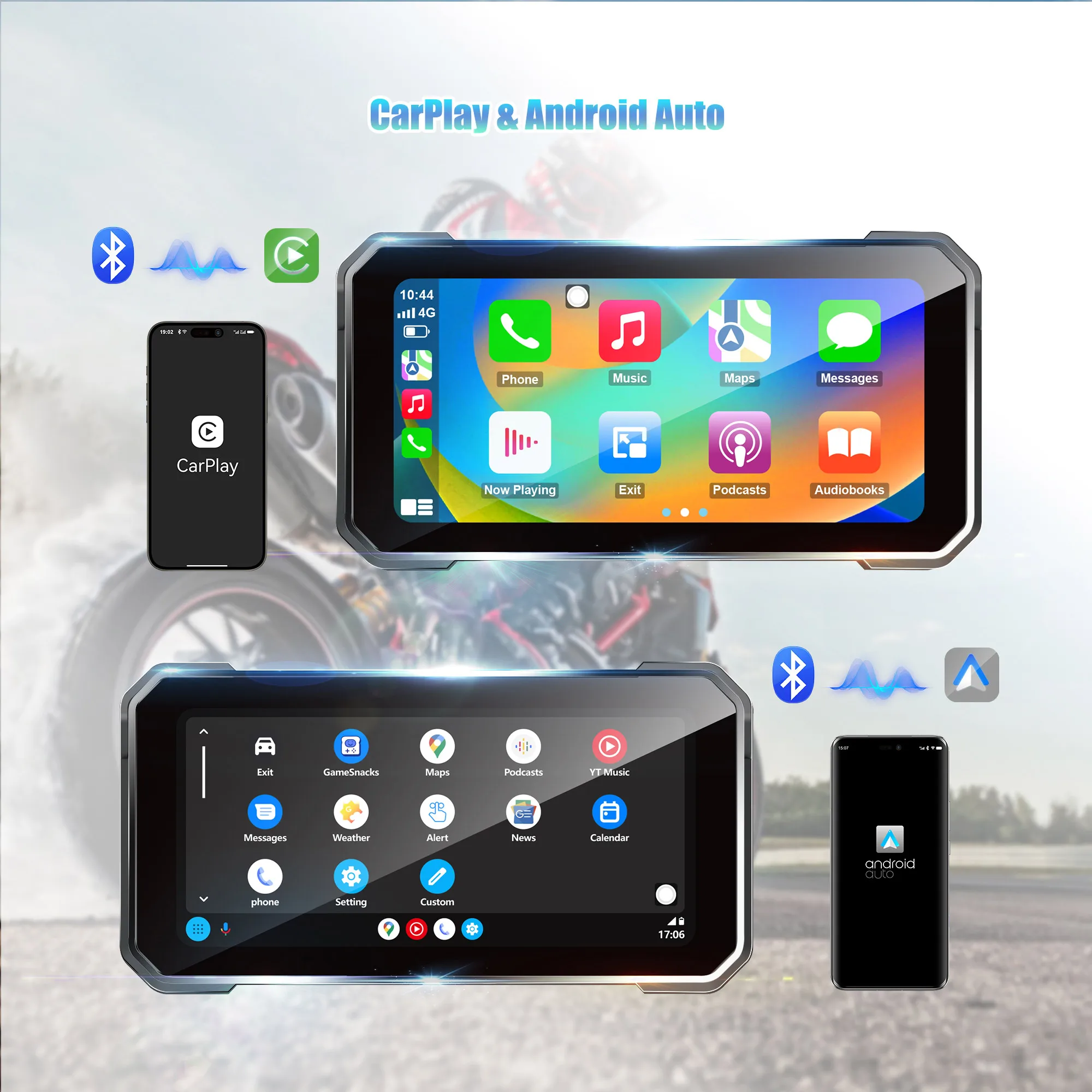 Waterproof 6.25 Inch Android System 1080P Dual Recorder Motorcycle Carplay Androidauto DVR TPMS Monitoring GPS Tracking