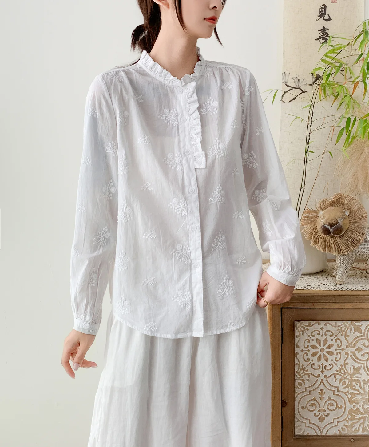 جديد 2025 الخريف قميص قطني بكم طويل ، المرأة الوقوف التطريز ، موري فتاة الفرنسية الكشكشة Fairycore INS بلوزة فضفاضة T58983CC #4