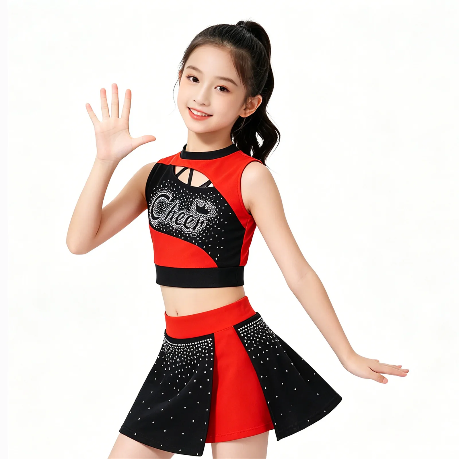 criancas-meninas-cheerleader-traje-esportes-reuniao-cheerleading-uniforme-danca-outfit-recorte-strass-colheita-topo-com-fenda-lateral-saia