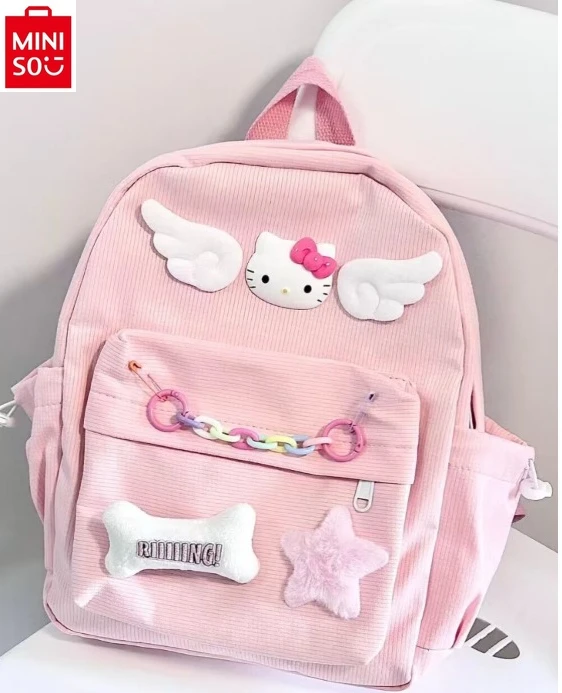 Mochila MINISO Cartoon Hello Kitty Estudante de grande capacidade, mochila infantil versátil com contraste de cor doce