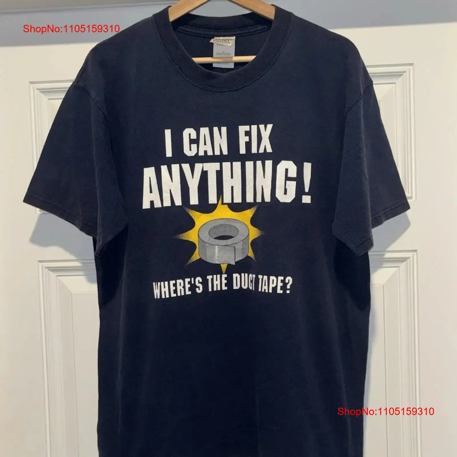 

Винтажная футболка с клейкой лентой I Can Fix Anything Темно-синяя мужская L Fruit of the Loom Y2K винтажная стираная дышащая растянутая повседневная футболка