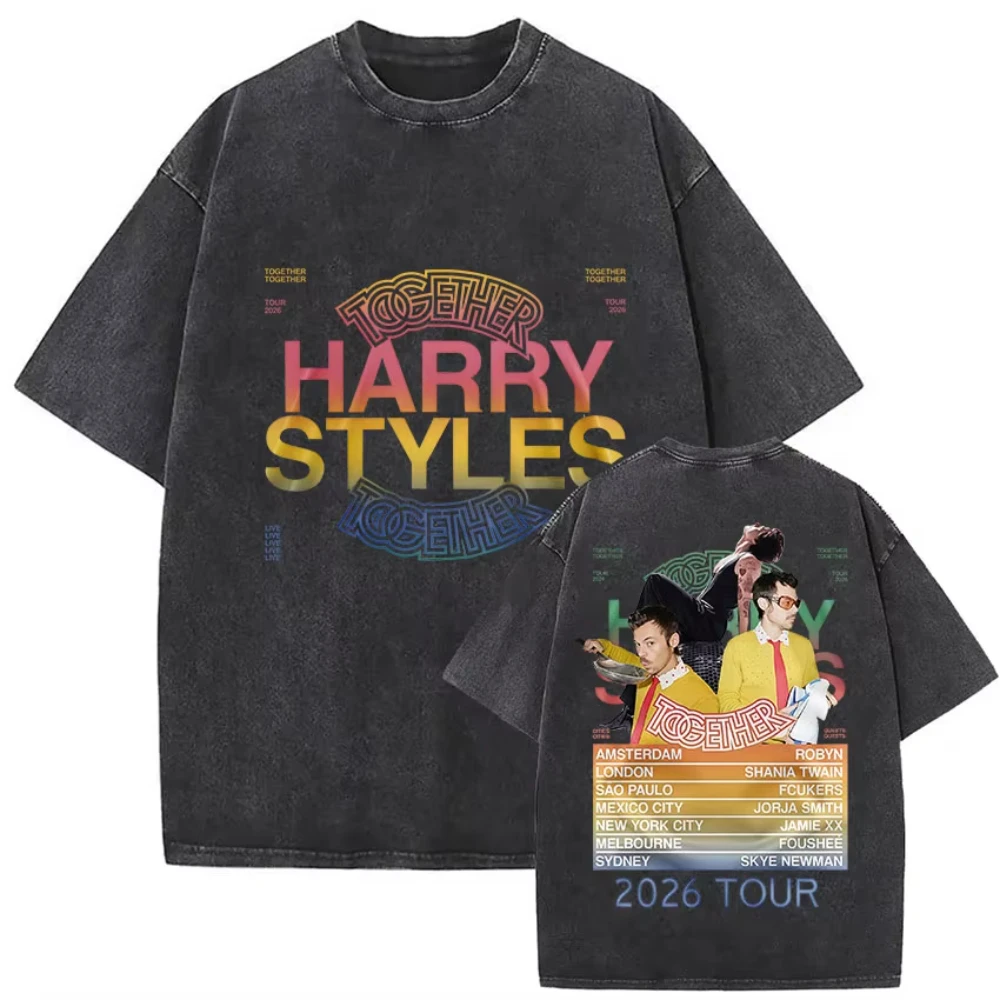 Harry Styles "Together" Tour 2026 Vintage Gewassen T-shirt Mannen Vrouwen Popmuziek Mode Oversized Katoenen Grafische T-shirts Streetwear