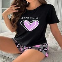 Cross Border European American Casual Simple Printed Short Sleeved Shorts Pajama Set Women's Round Neck Short Sleeved Top Shorts - Image 4