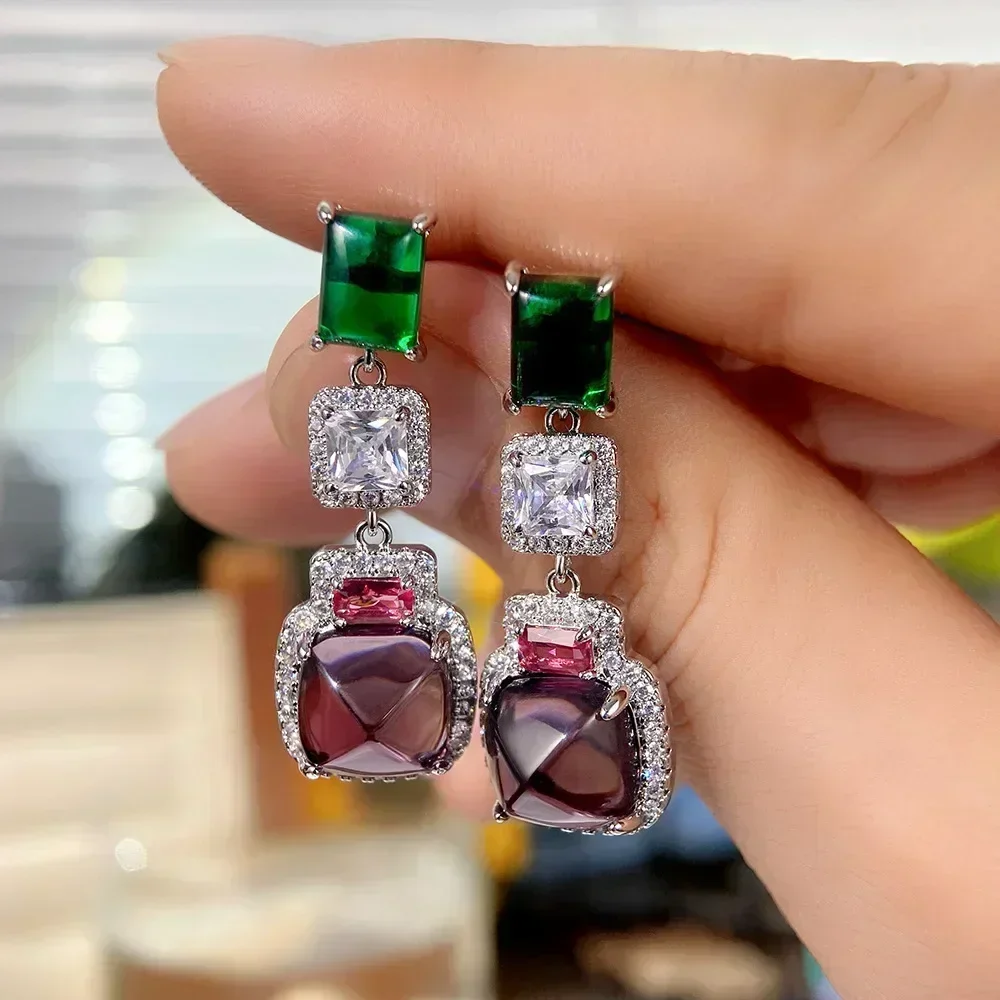 Luxury Square Purple Cubic Zirconia Crystal Earrings  for Women New FashionExquisite Fashion Gold Color Dangle  Wedding Jewelry