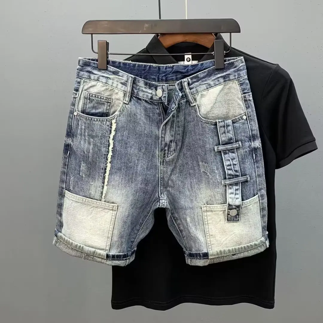 

Men's Slim Fit Five-Quarter Denim Shorts Trendy Brand Summer New Simple Ripped Jeans Korean Style Fashionable Mid-Waist Pants
