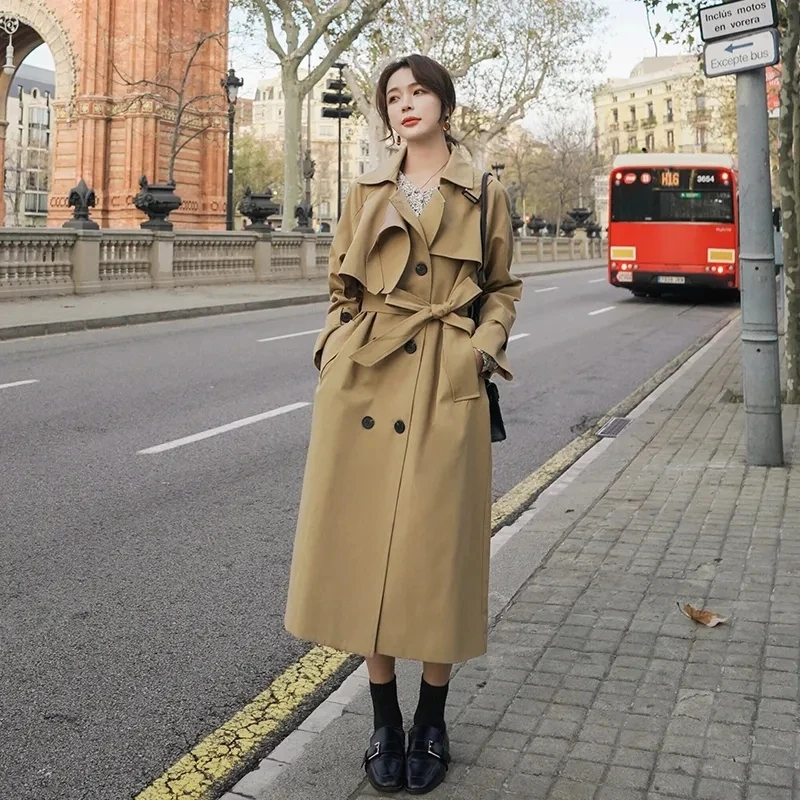 

Элегантный тренчкот в британском стиле средней длины с поясом бежевая хаки Женская верхняя одежда Весна Осень Повседневная ветровка с длинным рукавом