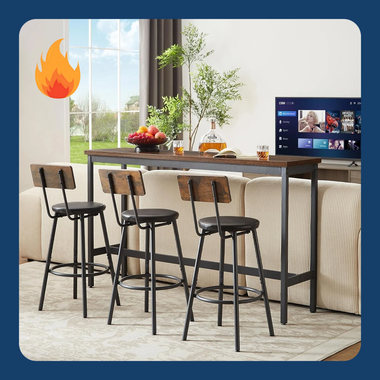 Barang Baru! Set Meja Bar Panjang dengan 3 Kursi Bar Berlapis PU, Set Meja dan Kursi Makan, Meja Kopi Tinggi Bergaya Industrial