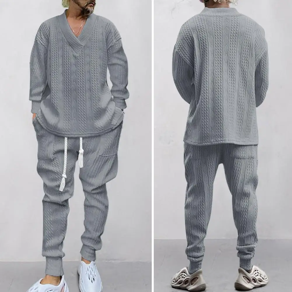 Conjunto de ropa deportiva de manga larga con cuello en V para hombre, pantalones de chándal con cintura elástica con cordón, pantalones de chándal activos