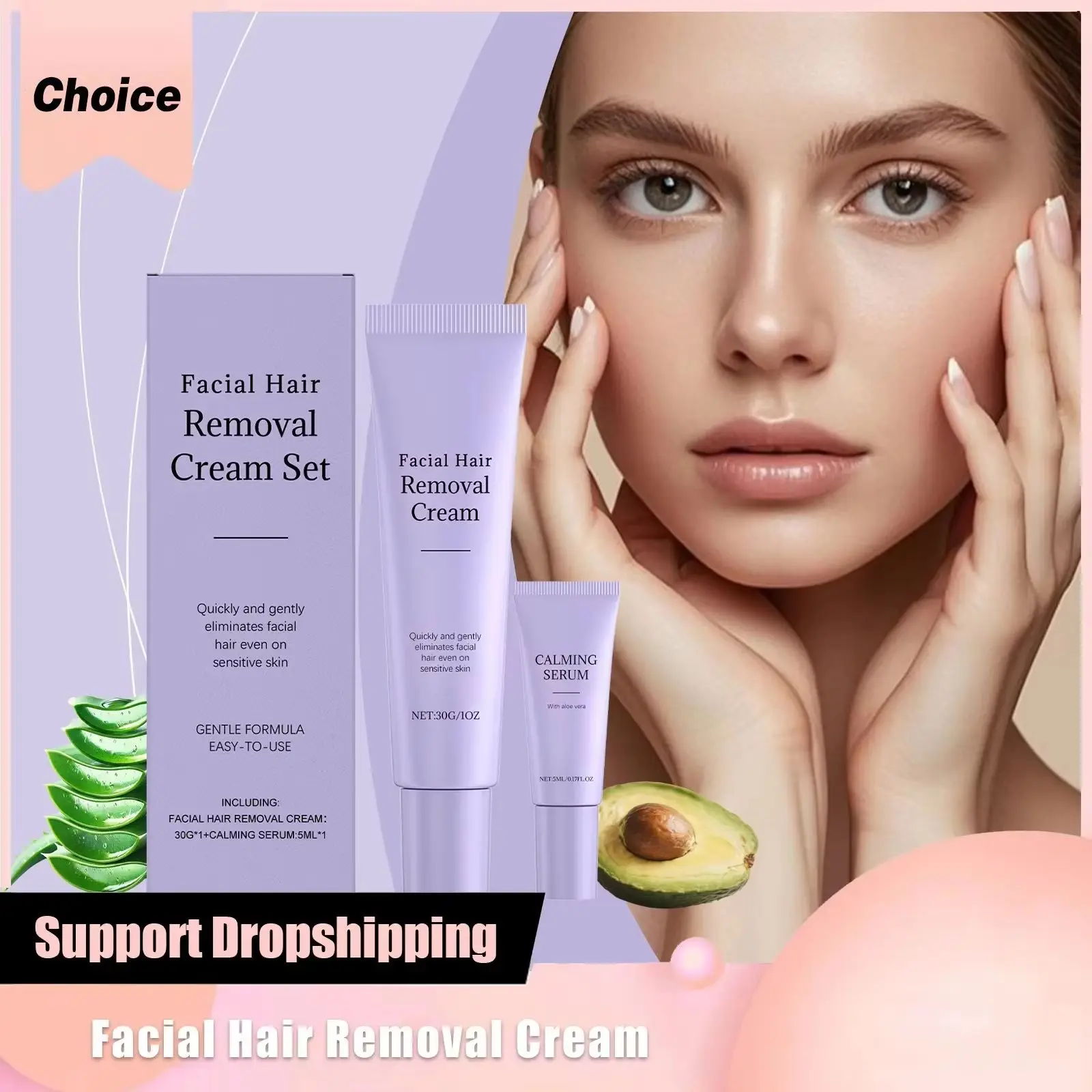 

2PCS Facial Hair Removal Cream for Sensitive Skin Gentle Painless Depilatory Serum for Upper Lip Chin Eyebrow Soothing Aloe Gel
