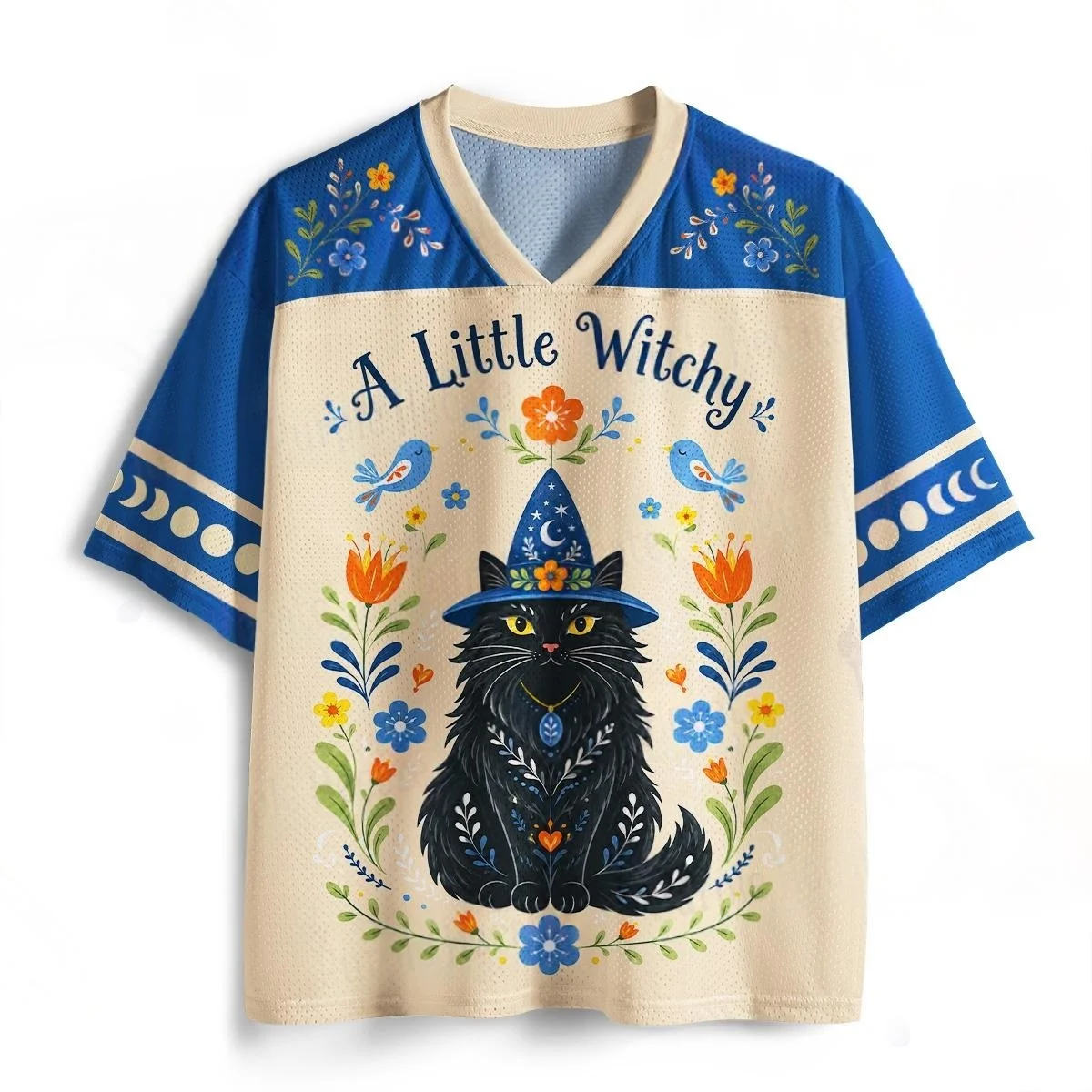 Fresh Forest Magic Black Cat Flowers and Birds Pattern Gentle and Durable Casual Breathable 3D Printed Men's and Women's T-shirt