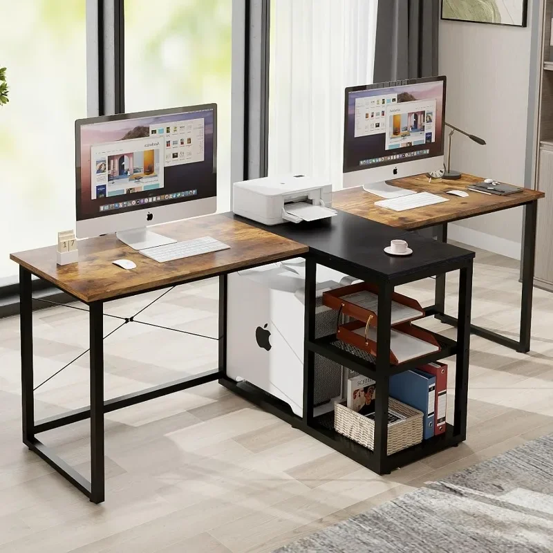 Two Person Desk with Storage Shelves, 92.5