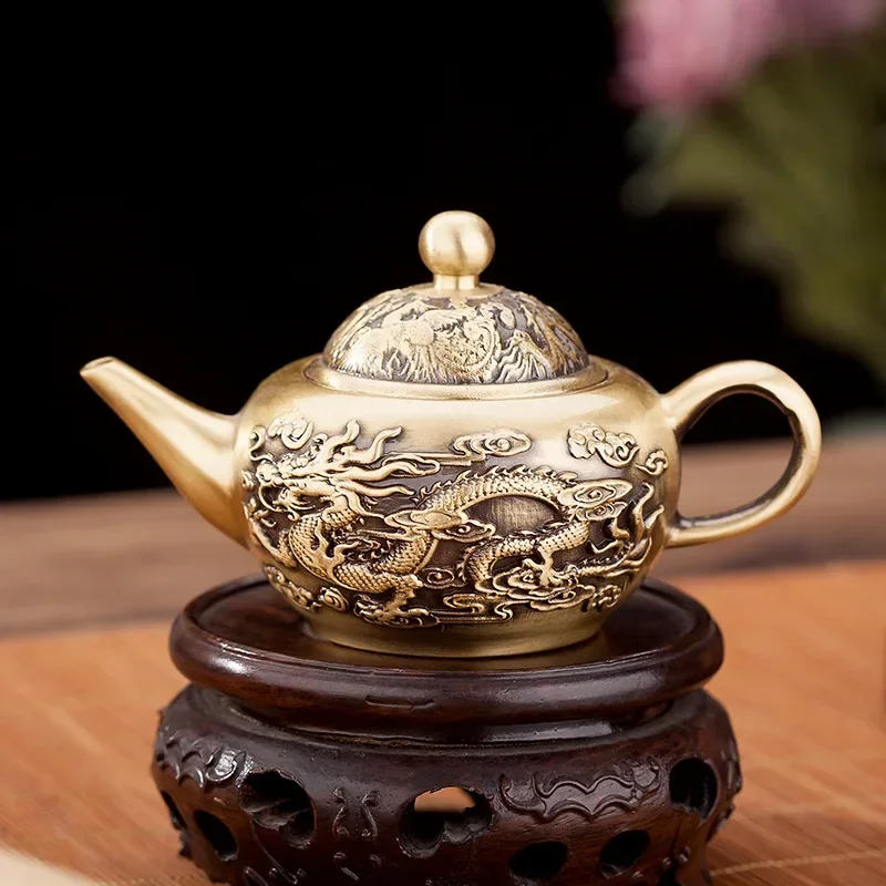 Brass Vintage Dragon Phoenix Chengxiang Tea Pot Office Desktop Home Decoration Crafts  Small