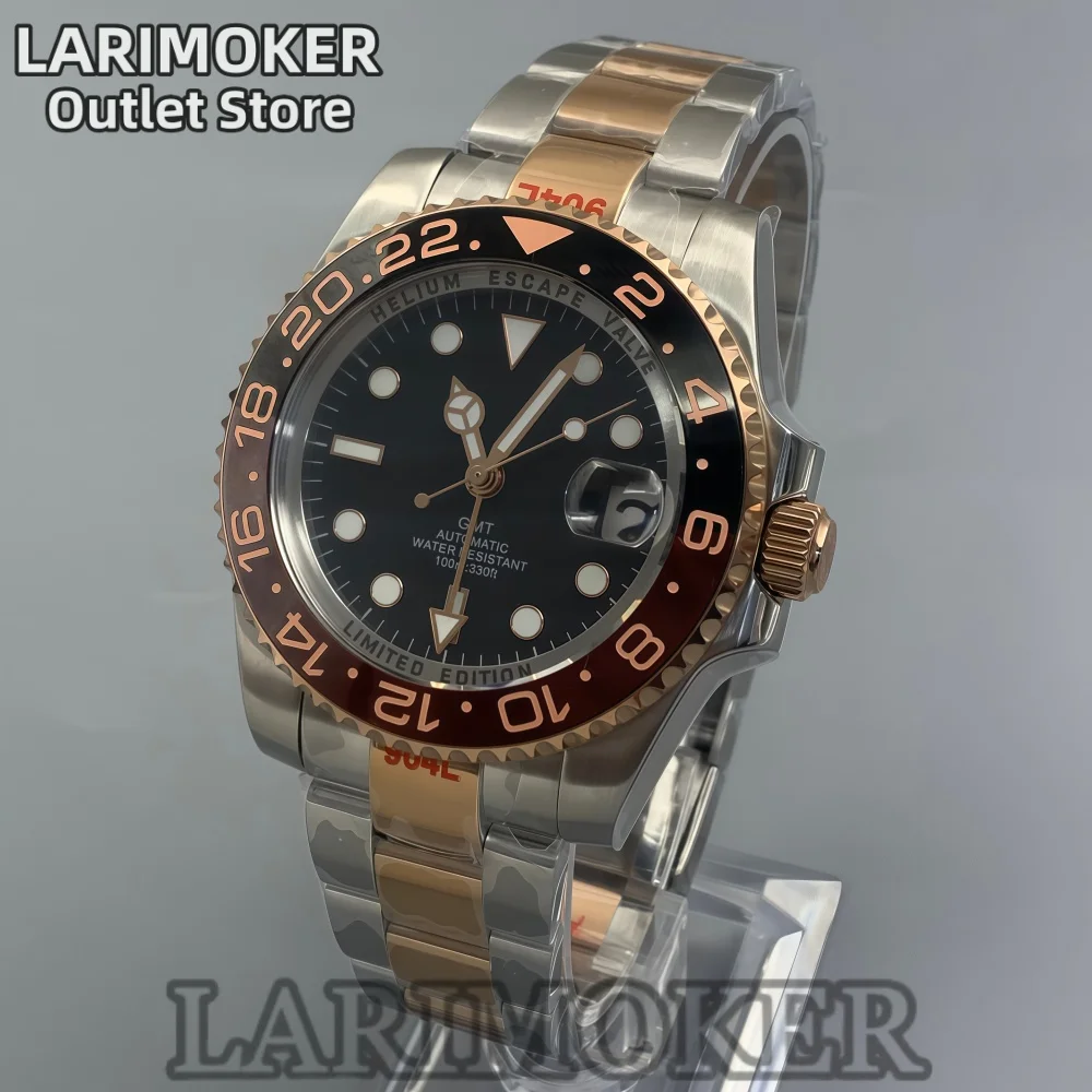 LARIMOKER 40mm NH34 GMT Automatic Watch Men Sapphire Crystal Stainless Steel Two Tone Ceramic Bezel Luminous Date Waterproof