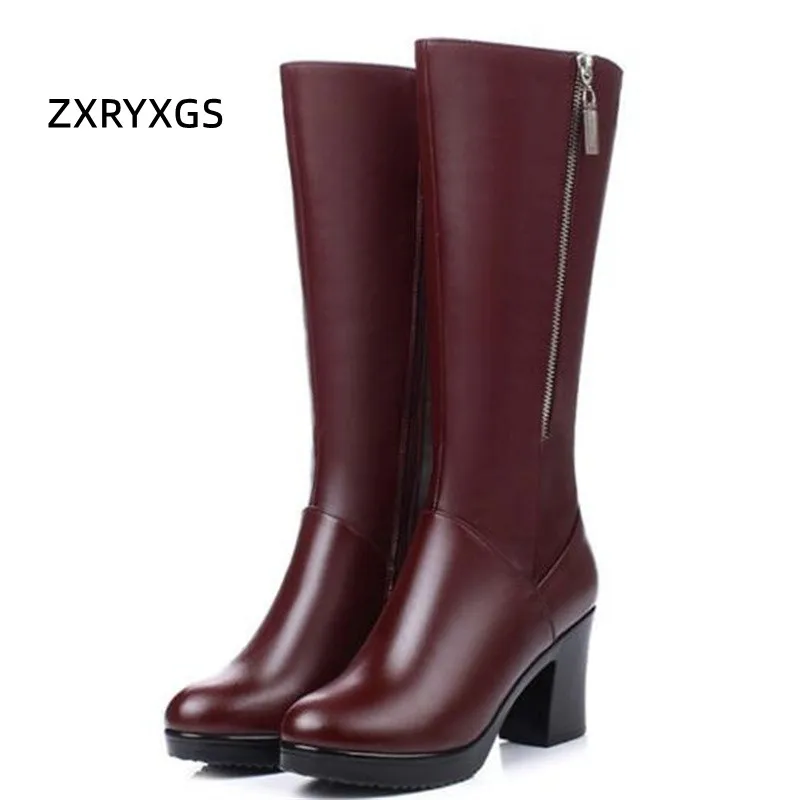 ZXRYXGS 2024 New Winter Knight Boots Side Zipper Warm High Boots Temperament Genuine Leathe Boot Women's Boots High Heel Shoes