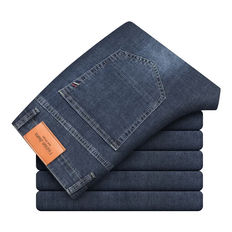Summer Thin Men's Cotton Jeans New Fashion Gray Elastic Straight Business Casual Pants Comfortable Brand Trousers