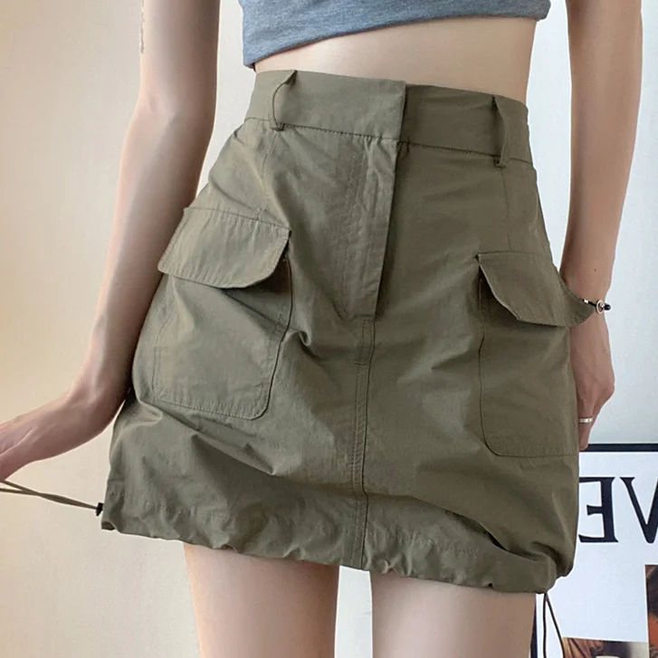アメリカンミリタリー een ワークウェア スカート レディース ウエストシェイプ スリミングデザイン レトロ機能性 ハイウエスト Aラインスカート