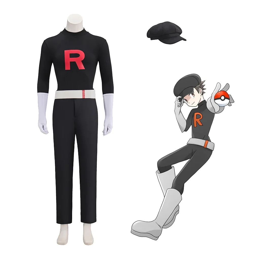 Costumes de cosplay pour hommes, équipe Rocket Grunt rouge, tenues noires avec chapeau, uniforme de fête d'Halloween et de carnaval