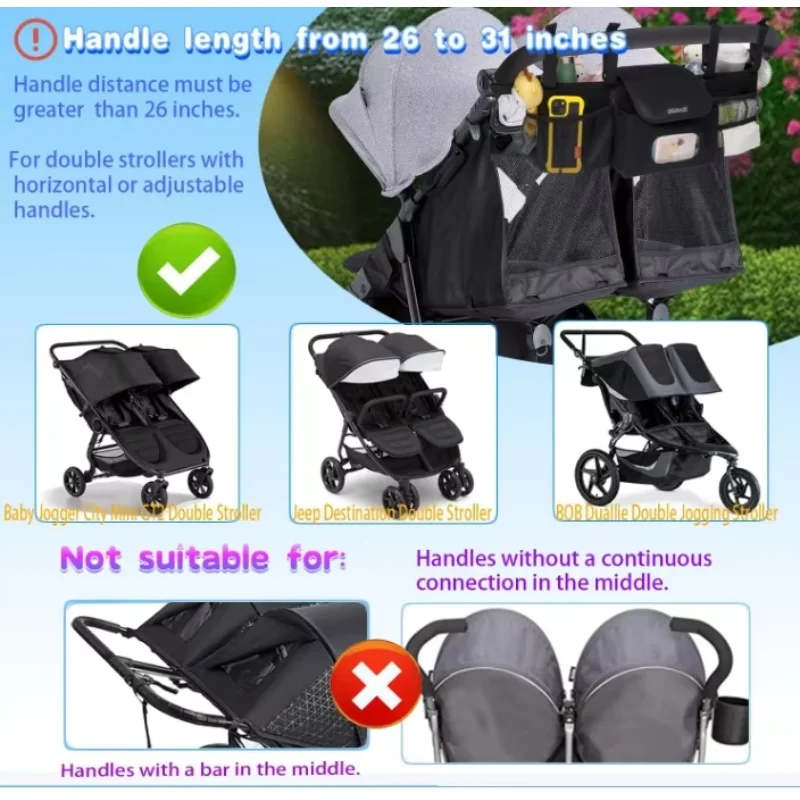 Custom Baby Stroller Diaper Compartments with Cooler Pockets Non Slip Straps Stroller Caddy Stroller Organizer