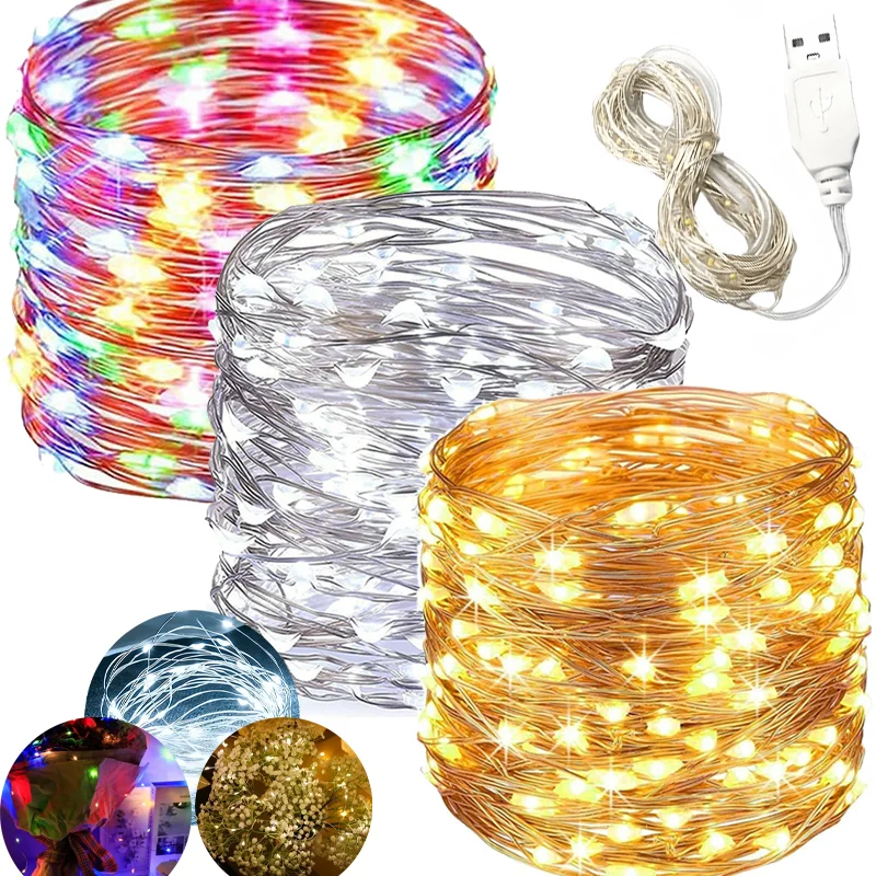 USB LED String Lights Copper Silver Wire Garland Light Waterproof LED Fairy Lights for Christmas Wedding Outdoor Decoration