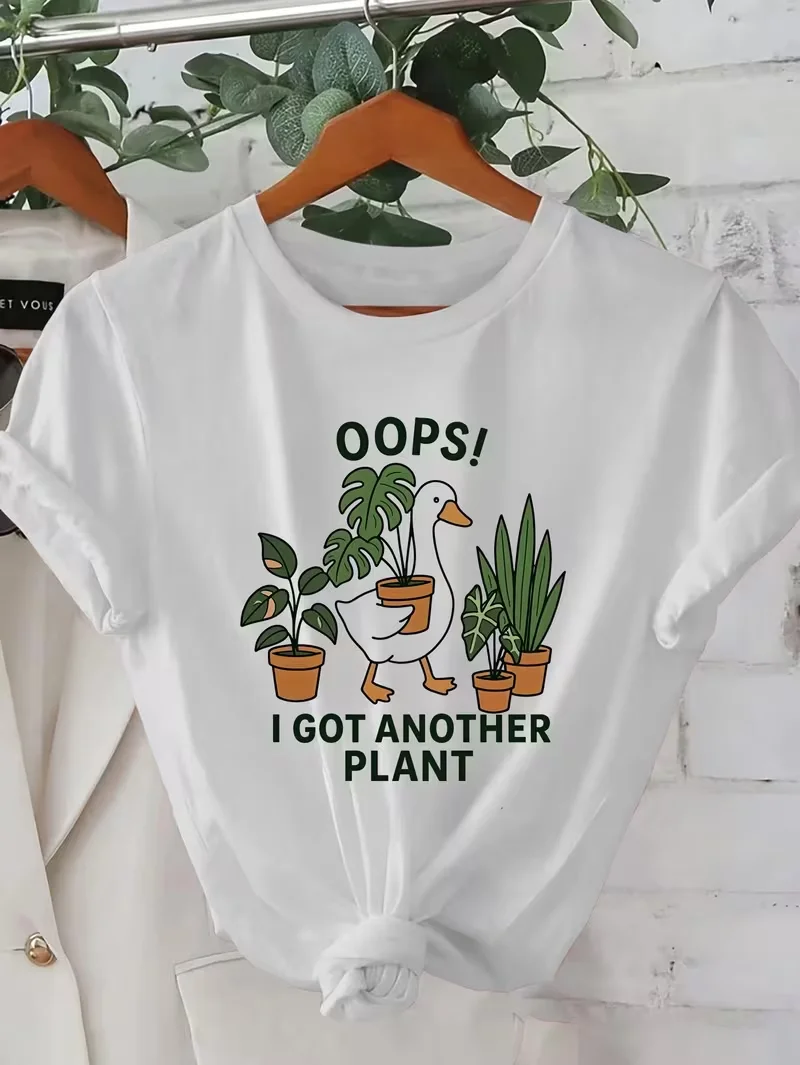 Women's Creative Letter Duck & Plant Print T-Shirt Korean Style Spring Summer Fashion Crew Neck Short Sleeve Daily Basic Tee Top