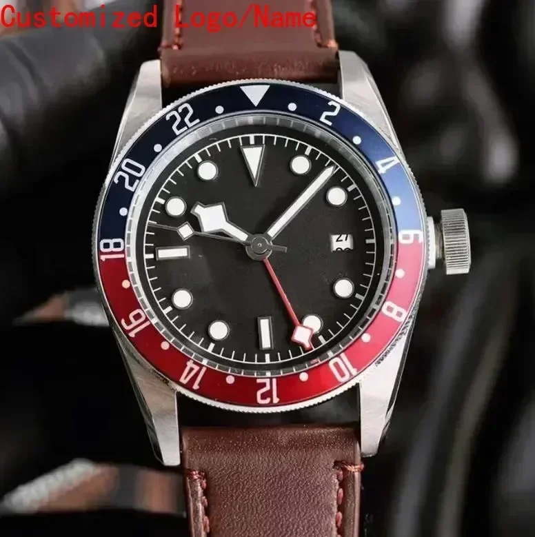 ساعة ميكانيكية أوتوماتيكية للرجال بتوقيت جرينتش مضيئة من الفولاذ المقاوم للصدأ باللون الأسود والأبيض ساعات من الجلد والسيراميك والياقوت حسب الطلب