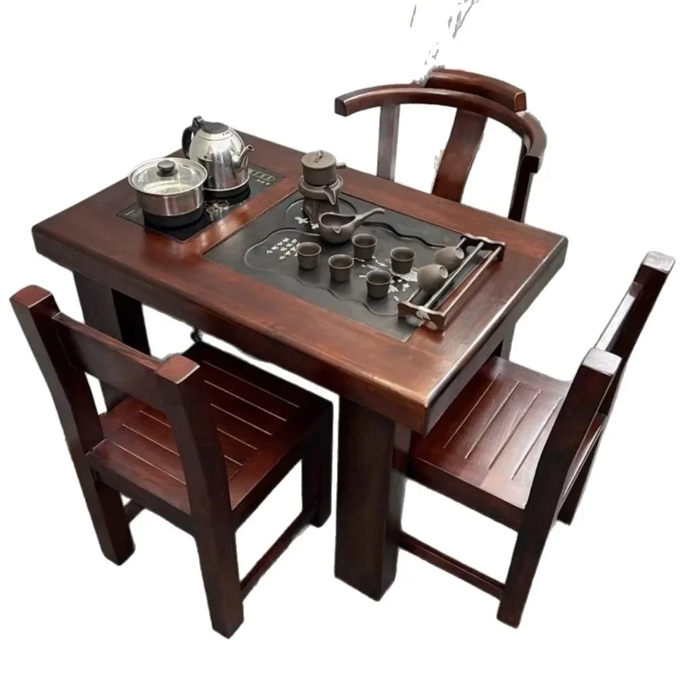 

Old boat wood, balcony, small tea table and chairs, combination, pure solid wood, office, new Chinese style