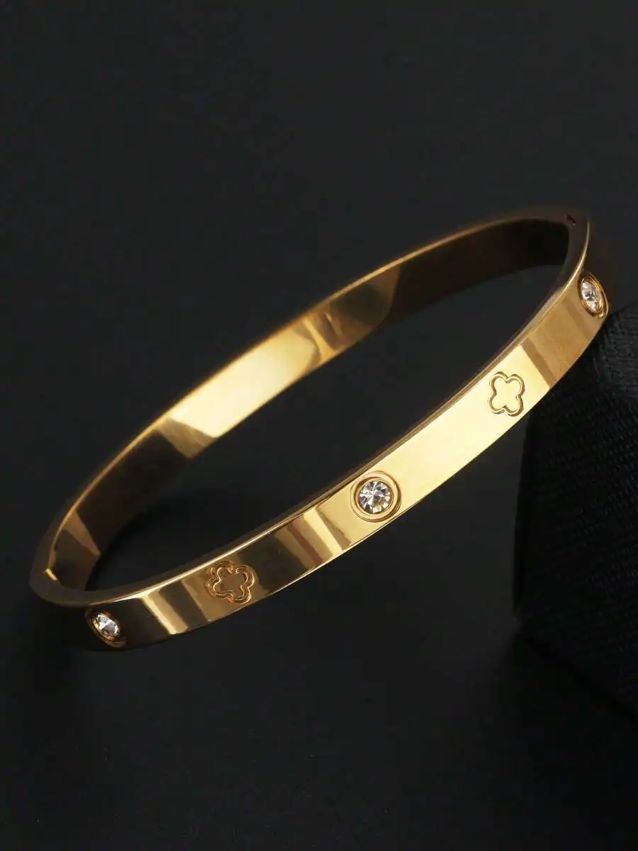 

Stainless Steel Lucky Flower Bangle With Cubic Zirconia For Women