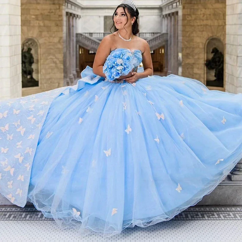 Blue 3D Butterfly Off Shoulder Corset Quinceanera Dress Ball Gown Bow Applique Lace Sweet 16 Vestidos De 15 Años Princess