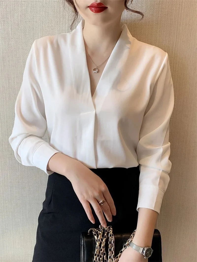 Women Spring Autumn Style Blouses Shirts Lady Office Wear OL Long Sleeve V-Neck Solid Color Blusas Tops