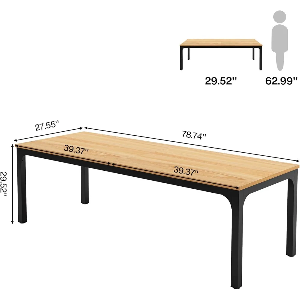 78.7 inches long 8 large rectangular wooden dining table with heavy metal legs (light walnut)