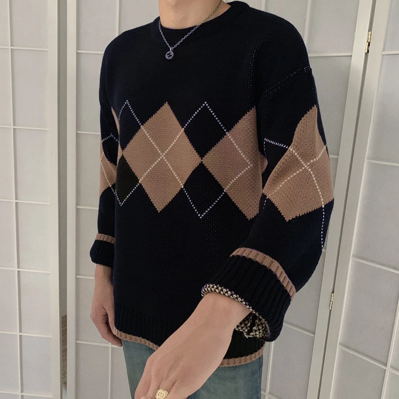 Fall Winter Vintage Loose Knitted Sweater & Jumpers Women Square Plaid Pullovers Cable Knit Tops 2023