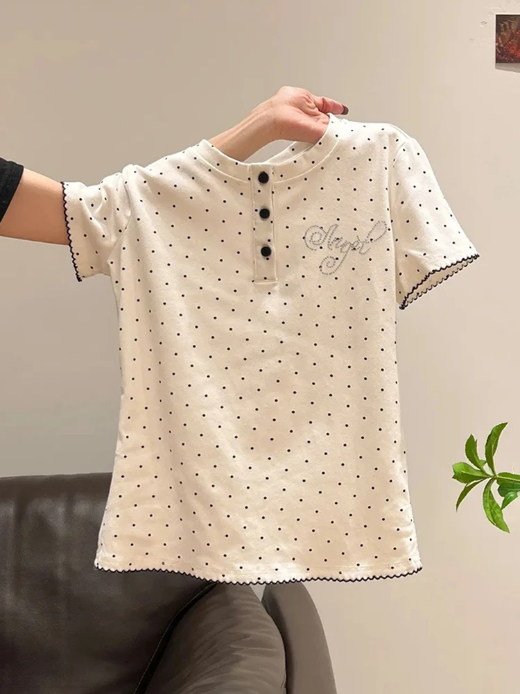 Korean Polka Dots T Shirt Women Summer Kawaii Preppy Casual O Neck Button Tees Slim Fit Cute Short Sleeve Patchwork Student Tops