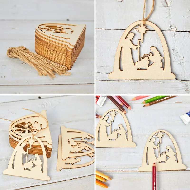 48Pcs Christmas Nativity Wooden Ornaments, Unfinished Wood Cutouts with Ropes, DIY Craft Hanging Decorations
