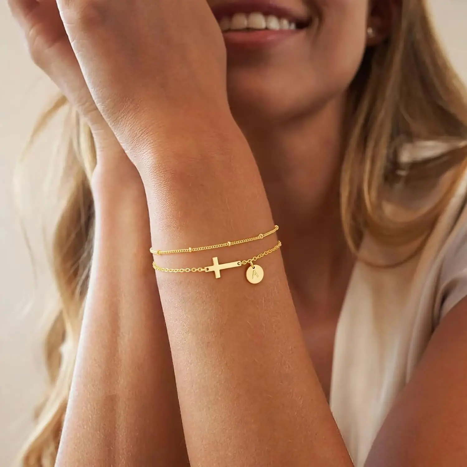 Waterproof Women Initial Cross Bracelets 14K Gold Layered Cross Bracelet Disc Bracelet for Teen Girl Baptism Christian Gifts