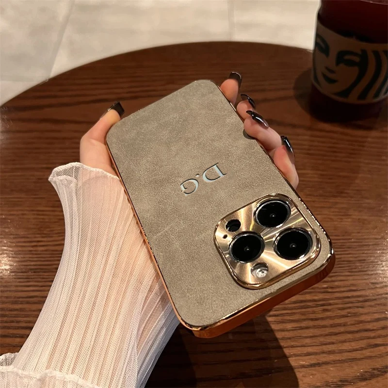 Personalized Customized Initials Name Case For Iphone 11 12 13 14 15 16 Pro Max Plating Electroplated Frame Lambskin Cover