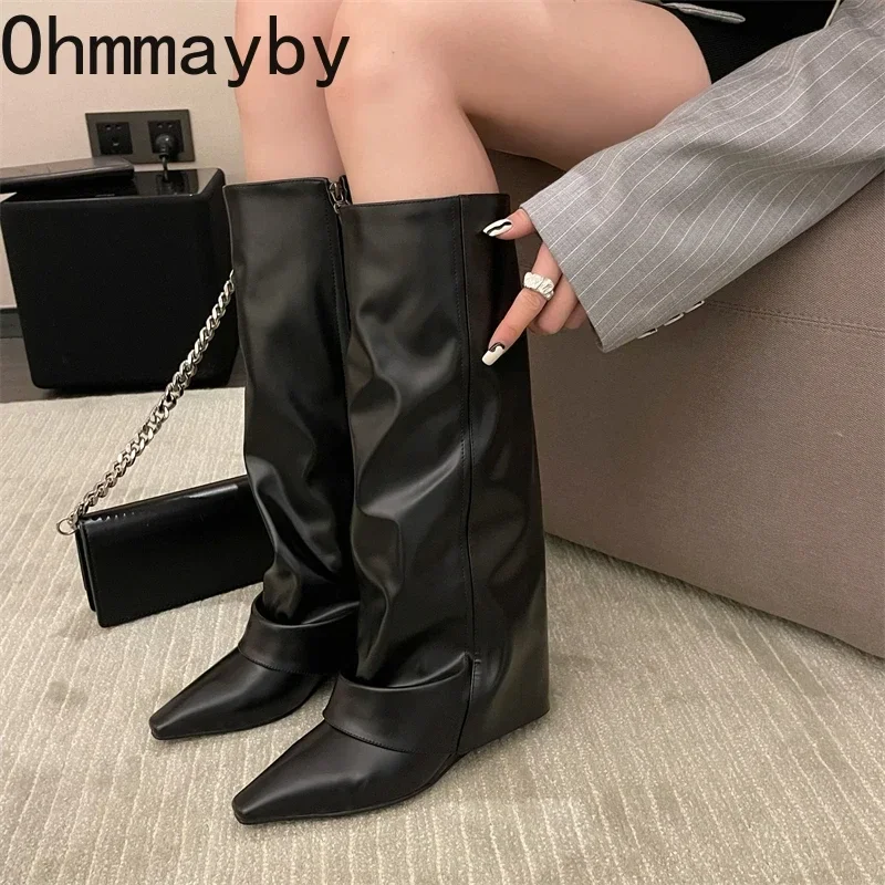 Designer Women Trouser Legs High Boots Fashion Side Zippers Long Boots Thick High Heels Autumn Winter Ladies Shoes