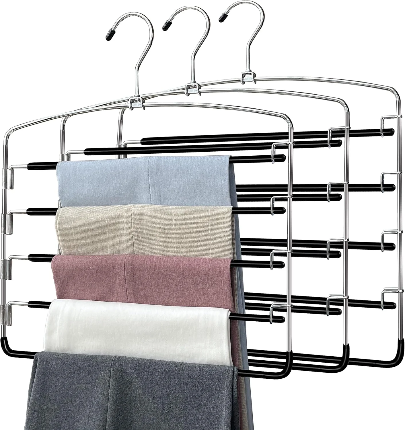 Perchas para pantalones antideslizantes multicapa, colgador para pantalones con brazo oscilante, perchas ahorradoras de espacio de acero inoxidable, organizador de almacenamiento en armario