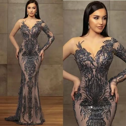 Dubai Luxury Sequined Mermaid Evening Dresses For Women 2023 Sexy V Neck One Shoulder Beading Party Prom Gowns Formal Vestidos