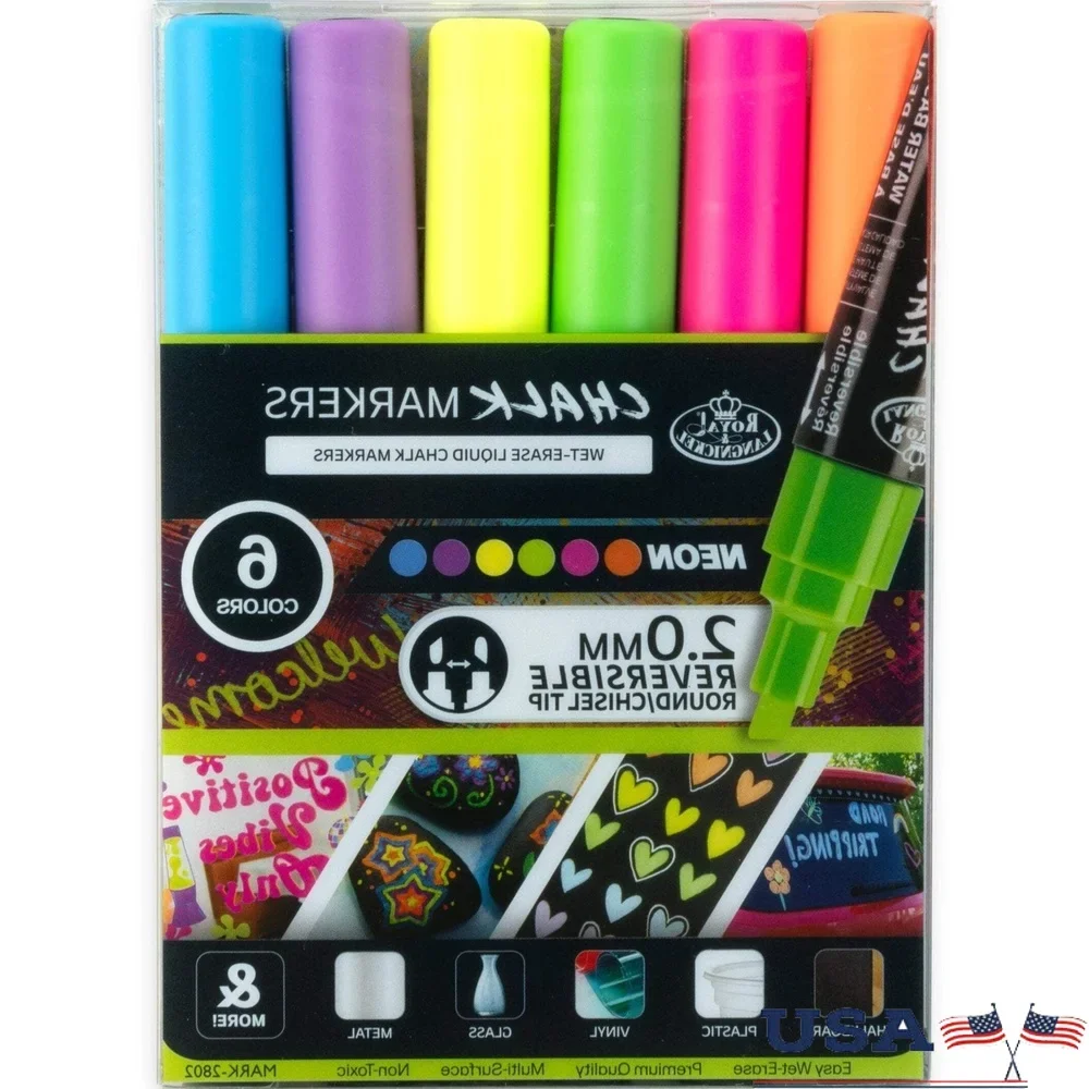 

6 Piece Neon Chalk Markers Set Non-Toxic Liquid Chalk Multi-Surface Easy Clean Fine Point Reversible Tip Ideal Artists Crafters
