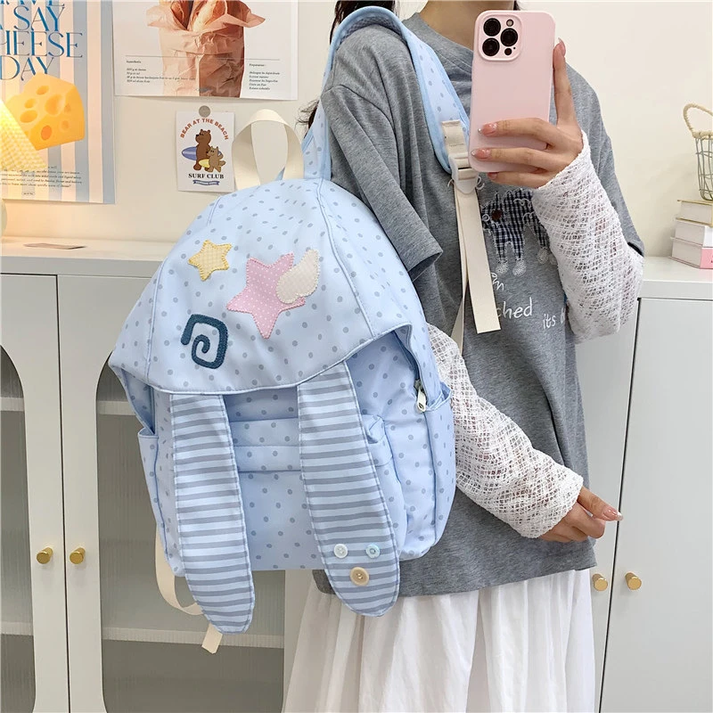 2026New Korean Polka Dot Rabbit Ear Backpack for Girls, Spring/Summer Travel School Bag, Embroidered Lightweight Backpack