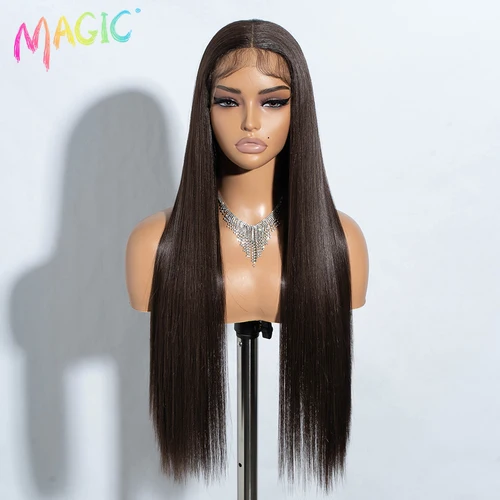 Imagen 2 del producto Peluca mágica para Cosplay, peluca de encaje sintético, pelucas largas y rectas de 30 pulgadas, pelucas suaves de arcoíris coloridas, Rubio degradado y jengibre para mujer