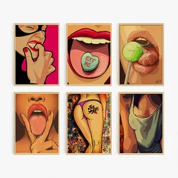 Abstract Sexy Woman Cool Anime Girl Mouth Butt Lollipop Tongue Poster Print Wall Art Pictures Canvas Painting Room Home Decor