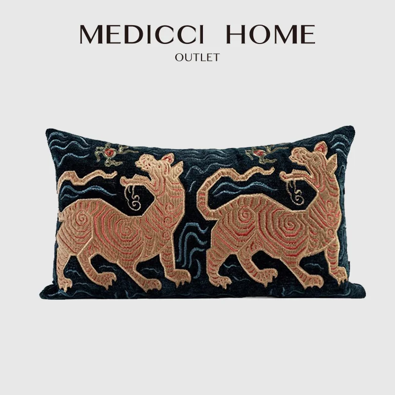 Medicci Home Decorative Pillowcase Luxe Velvet With Embroidery Tibetan Tiger Extremely Lavish Italian Style Cushion Case 30x50cm