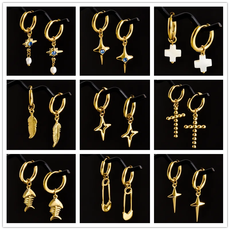Golden Exquisite Sword Cross Star Hoops Earring Fashion Natural Shell Stainless Steel Earrings For Women Men Accessories Jewelry