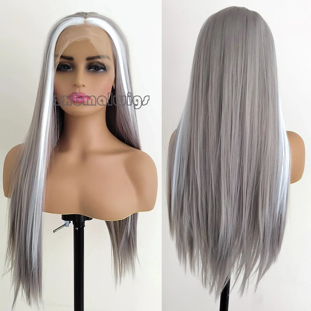 Zxbmalwigs grau lang seidig glattes synthetisches Haar Perücke Mittelteil Highlight blonde graue Spitze Front Perücken für Frauen Cosplay